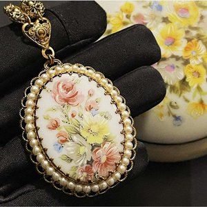 West Germany Elegant Porcelain Floral Pendant Necklace